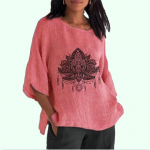 Suures suuruses naiste mood, 3/4 pikkade varrukatega puuvillane linane &uuml;mara kaelusega pluusid naiste vabaaja suve- ja s&uuml;gisese &otilde;hukese tr&uuml;kiga pikk s&auml;rk S roosa