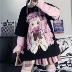 Naiste Harajuku stiilis pikkade varrukatega T-s&auml;rk avaratele ja armsatele Jaapani multifilmidele Ins Harajuku Print Fake Two Piece Aesthetic Fall XXL must