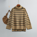 S&uuml;gis- ja talvine naiste kampsun Kootud kampsun Pullover P&otilde;rkuvad triibud k&otilde;rge kaelusega avar vaba vabaaja kampsun One Size khaki