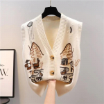 Naiste kootud vest s&uuml;gis- ja talvine kampsun, naiste v&auml;limine vest, l&uuml;hike V-kaelusega varrukateta n&ouml;&ouml;biga tikitud kardigan oversize valge