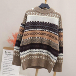 Moodne triibuline pullover-kampsun naiste s&uuml;gis- ja talvine avara kootud kampsun vabaaja O-kaelusega vintage kudum 28516 One Size khaki