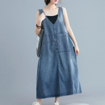 Naiste teksakleit Suures suuruses vabaaja vintage varrukateta suured taskud lahtised retro teksap&uuml;ksid kleidid naistele V kaelusega suvel M sinine