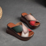 Johnature Retro Naiste Peep Toe Kiilud Sussid Ehtne nahk Paks Tald Slaidid Mood platvormkingad 35 aprikoosi