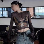 Isikup&auml;ra liblikastr&uuml;kiga pikkade varrukatega T-s&auml;rk Vaata l&auml;bi moe Y2k Esteetiline Slim Crop Top Vintage seksikas marli Harajuku Tees S parkkoor