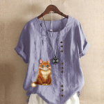 Naiste moodne &uuml;mara kaelusega l&uuml;hikeste varrukatega T-s&auml;rk vabaaja puuvillane linane graafiline s&auml;rk vaba aja veetmiseks lahtised armsad kassidega prinditud suvised pluusitopid suures suuruses M roosa