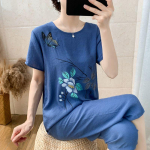 Suvine l&uuml;hikeste varrukatega komplekt keskealistele ja eakatele naistele, kaheosaline komplekt, &otilde;huke stiil XL roheline