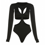 Y2K kevad uus naiste moedisain Seksikas seljata &uuml;mara kaelusega pikkade varrukatega Slim Fit kombinesoon S must