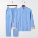 Meeste vintage pluusHiina stiilis kevad-s&uuml;gis pikkade varrukatega puuvilla-linase komplektHiina Tai Chi h&auml;rrasmehe Zen riietekomplekt XL helesinine v&auml;rv