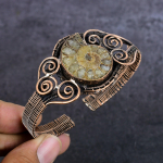 Natural Ammonite Fossil Gemstone Copper Wire Wrap Cuff Bangle Adjustable k7y53