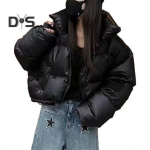 S&uuml;gistalv naiste puuvillane mantlialus krae kaela kaitse pikkade varrukatega tuulekindel termiline paks polsterdatud sileda t&otilde;mblukuga pehme naiste jakk XL must