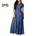 Naiste rev, l&uuml;hikeste varrukatega teksakleit, tasku, k&otilde;rge v&ouml;&ouml;kohaga volangidega &auml;&auml;ris Elegantne vabaaja &uuml;hev&auml;rviline pikk kleit L sinine