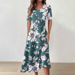 Naiste vabaaja moodne &uuml;mara kaelusega varrukateta lillemustriga ebaregulaarse servaga midikleit S must