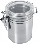 Roostevabast terasest k&ouml;&ouml;gitoidu mahuti suhkrutee piimapulbri kohviubade jaoks. L&auml;bipaistva kaane ja lukustusklambriga kanister 10X12.5cm h&otilde;be