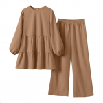 2 tk/komplekt T-s&auml;rk P&uuml;ksid Komplekt &Uuml;hev&auml;rviline &Uuml;mmargune kaelus Pikk varrukas Volditud Patchwork Top Lai s&auml;&auml;r Elastne v&ouml;&ouml;koht Taskud P&uuml;ksid Naiste Ca M khaki