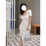 Retro Elegant Square Neck Pleated Midi Dress with Bubble Sleeves and Slit L