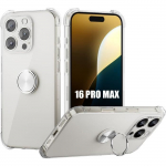 Coque silicone transparente pour iphone 16 pro max, avec support &agrave; anneau rotatif argent&eacute;