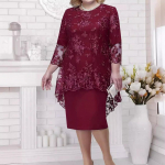 Suure suurusega kleit, Naiste &otilde;htukleit, Raske t&ouml;&ouml;stuse pits tikandiga kaheosaline komplekt, Temperamentne, Igap&auml;evane, Slim-fit XS veinipunane v&auml;rv