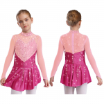 Laste T&uuml;drukute Iluuisutamise Tantsukleidid P&uuml;stkrae Pikkade Varrukatega V&auml;rviplokk L&auml;bikumav V&otilde;rk Paikamine S&auml;ravate Rhinestonidega Kleit 13-14 Years kuum roosa v&auml;rv