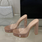 Moodsad Liyke Suvised Ruudukujulise Ninaga 12CM Paksude Kontsadega Platvormjalatsid Naiste Paksud Sandaalid PVC L&auml;bipaistvad Kingad Naistele Zapatos Mujer 35 aprikoosi