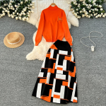 S&uuml;gis Talv Naiste Elegantne Kootud Kampsun Kontor Kaheosaline Komplekt P&uuml;stkrae Pullover Topid ja Pikk Maxi Seelik &Uuml;likond One size oranž