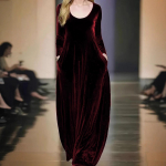 Naiste pikkade varrukatega &uuml;mara kaelusega kuldsest sametist elegantne pikk kleit M burgundiapunane