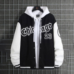 Meeste Chicago 23 Must Valge Varsity Jakk Kapuutsiga Kontrastsete Varrukatega Bomber S must