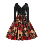 Naiste Halloweeni kleit A-joonega, suure kiikuga, pealuudega, pitsiga, v&ouml;&ouml;ga, v&ouml;&ouml;ga, lainelise V-kaelaga, lapiline plisseeritud pikkade varrukatega karnevali pidulik kleit XXL