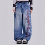 Unisex Y2K Ameerika Tikandiga L&otilde;dvad teksap&uuml;ksid High Street Naistele Vintage Hip Hop Vabaaja Joker Paar Laia s&auml;&auml;rega teksap&uuml;ksid S sinine