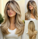 Naiste moodne pikk laineline parukas, balayage blond, keskmine eraldus, tukk-kardin, k&otilde;rge temperatuuriga s&uuml;nteetiline kiud kuldne
