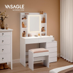 VASAGLE LED-valgustusega tualettlaud peegli, sahtlite, avatud riiulite, reguleeritavate riiulite ja taburetiga, reguleeritava heledusega, kaasaegne valge