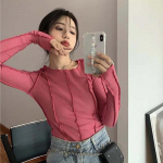 Pikkade varrukatega T-s&auml;rgid Naiste Kevadel Solid O-kaelusega Elegantne S&auml;rav Line Dekoratsioon &Otilde;huke vabaaja Pehmed Kvaliteetsed Naiste R&otilde;ivad T-s&auml;rgid S must