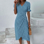 Vintage kontori &otilde;hukesed Boho kleidid Elegantne lillemustriga puhvis varrukatega peokleit Naiste V-kaelusega n&ouml;&ouml;biga drapeeritud ebaregulaarne A-kujuline kleit XXXL