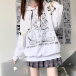 Gooti Emo Anime Print Valged kapuutsid Naiste Harajuku T&auml;navar&otilde;ivad Suur pikkade varrukatega pullover Naiste must kampsun M must