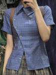 Esteetilised Vintage Retro Ruudulised S&auml;rgid Naised Y2k Suvine &Uuml;kn&ouml;&ouml;biline Kontoripluus Naissoost Korea Vabaaja Slim Streetwear Topid L sinine