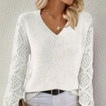 V-kaelusega sviiter, elegantne pikkade varrukatega kootud kampsun, naiste riided XL valge