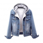 Naiste jope Paks fliisvoodriga &uuml;hev&auml;rviline taskutega &Uuml;herealised, pikad varrukad, soe avar teksajakk igap&auml;evane &otilde;uemantel M helesinine v&auml;rv