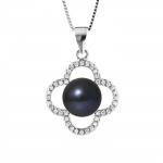 PERLINEA - Collier Tr&egrave;fle - Perle de Culture d'Eau Douce AAA+ Bouton 9-10 mm - Noire - Argent 925 Milli&egrave;mes - Bijoux Femme