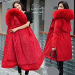 Talvine naiste puuvillase polsterdatud jope keskmise pikkusega suur karusnahast krae pluss fliisist alla polsterdatud jakk, polsterdatud mantel XL punane
