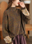 Johnature naiste pullover-kampsunid, kaelusega, pikkade varrukatega lapiline print lilledega kevadkootud puuvillased naiste kampsunid One Size kohv