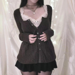 Vintage pikkade varrukatega Babydoll silmkoelised kampsun Topid Piimat&uuml;druku pulloverid Esteetilised Grunge Y2k kudumid T-s&auml;rgid naistele S must