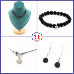 Pierres et Min&eacute;raux. Parure Bracelet Collier Boucles D'oreilles Pendantes 15 perles Lave 8 Taille personnalisable.