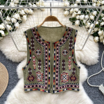 Uus rahvuslik lilleline kardiganist vest naiste mood tikandid k&auml;rbitud vest Vintage O kaelusega varrukateta naiste &uuml;ler&otilde;ivad &scaron;ikk vestiga topsid One Size armee roheline v&auml;rv