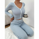 Naiste pidžaama koduriiete komplekt Seksikas pesu pidžaama Pikkade varrukatega p&uuml;ksid Sale Seksikas Pits Kahekordse pikkusega pidžaama koduriiete komplekt M sinine