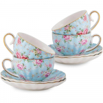 Teetass ja alustassid, 6,4oz lillelised teetassid kuldse &auml;&auml;risega, portselanist teetass, kohvi cappuccino espresso latte kruusid other sinine