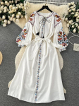 Naiste kevad-s&uuml;gis kleit vintage etniline stiil latern pikad varrukad tikandiga &uuml;mar kaelus slim A-l&otilde;ik puuvillane linane kleit D4930 One Size valge