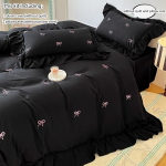 3 tk tikitud lipsuga Voodipesukomplekt volangidega Tekikottide komplekt (1*Tekikott + 2*Padjap&uuml;&uuml;r, Ilma sisuta)magamistoa k&uuml;lalistoa jaoks 150x200cm3pcs must