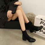 Mood Uus Stiil Naiste Mood Ruudukujulise Ninaga Paksu Kontsaga L&uuml;hike Saabas S&uuml;gis Talv Lakooniline Elastne Liibuvad K&otilde;rge Kontsaga Kingad Zapatos De Mujer 43 must
