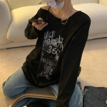 Valged naiste t-s&auml;rgid, pikkade varrukatega, Y2k, Korea moodne graafika &otilde;lgadest vabad t-s&auml;rgid, must Harajuku T-s&auml;rk Vintage M must