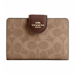 COACH SignatureCanvas 13 Br&auml;nditud logo kl&otilde;pskinnitusega Premium nahast Rahakott V&auml;ike Naiste Beež pruuniBeeži ja pruuniga pruun