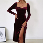 Burgundia Sametine Midi Kleit Ruudukujuline Kaelus Pikk Varrukas K&uuml;ljel&otilde;hik Elegantne Veinipunane Veluurist &Ouml;&ouml;kleit S&uuml;gis Talv Vintage &Otilde;htupidu Formaalne Kokteilikleit S bordoo